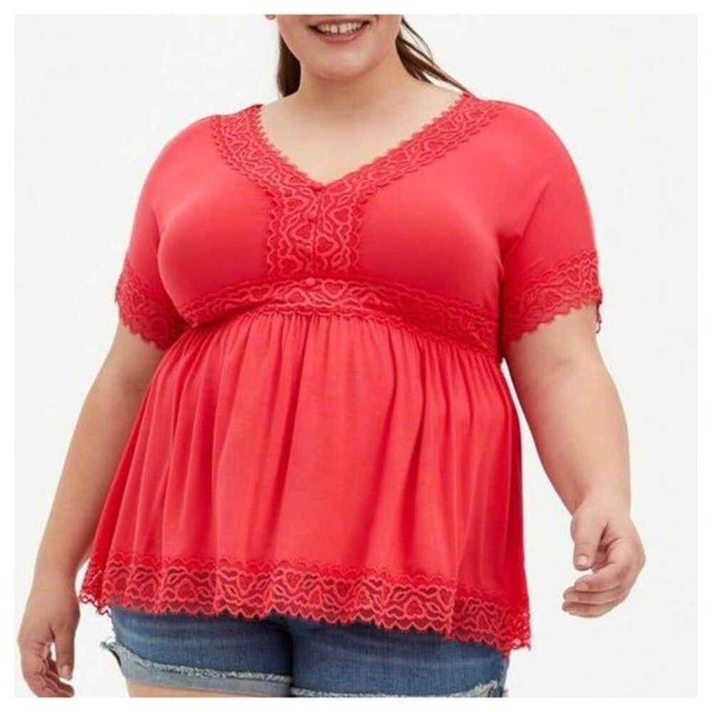 Torrid Babydoll Super Soft Lace Trim Button-Front Top